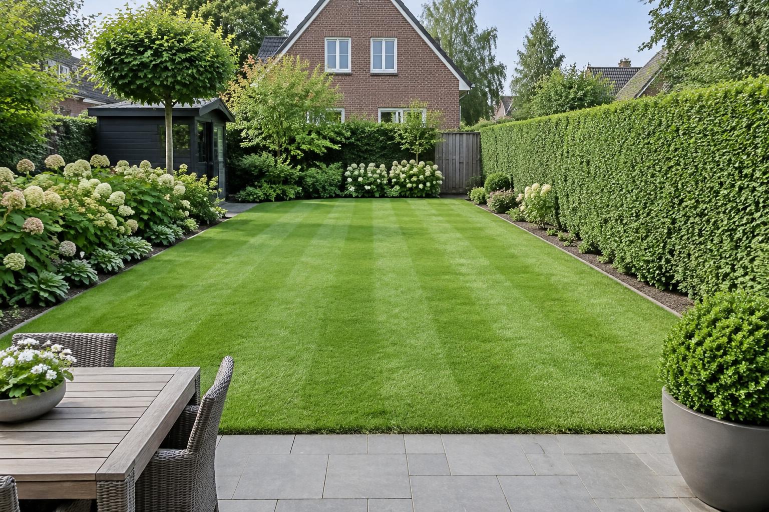 Gepflegter Garten mit gemähtem Rasen und geschnittener Hecke nach der Pflege