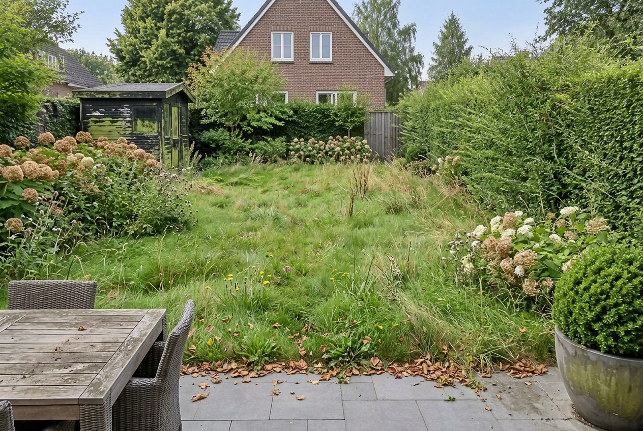 Überwucherter Garten mit hohem Gras und wilden Hecken vor der Pflege