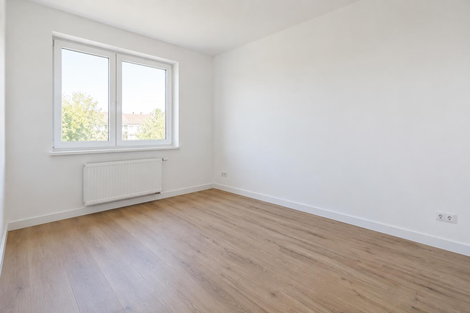 Zimmer nach der Renovierung, glatt gespachtelt und weiß gestrichen