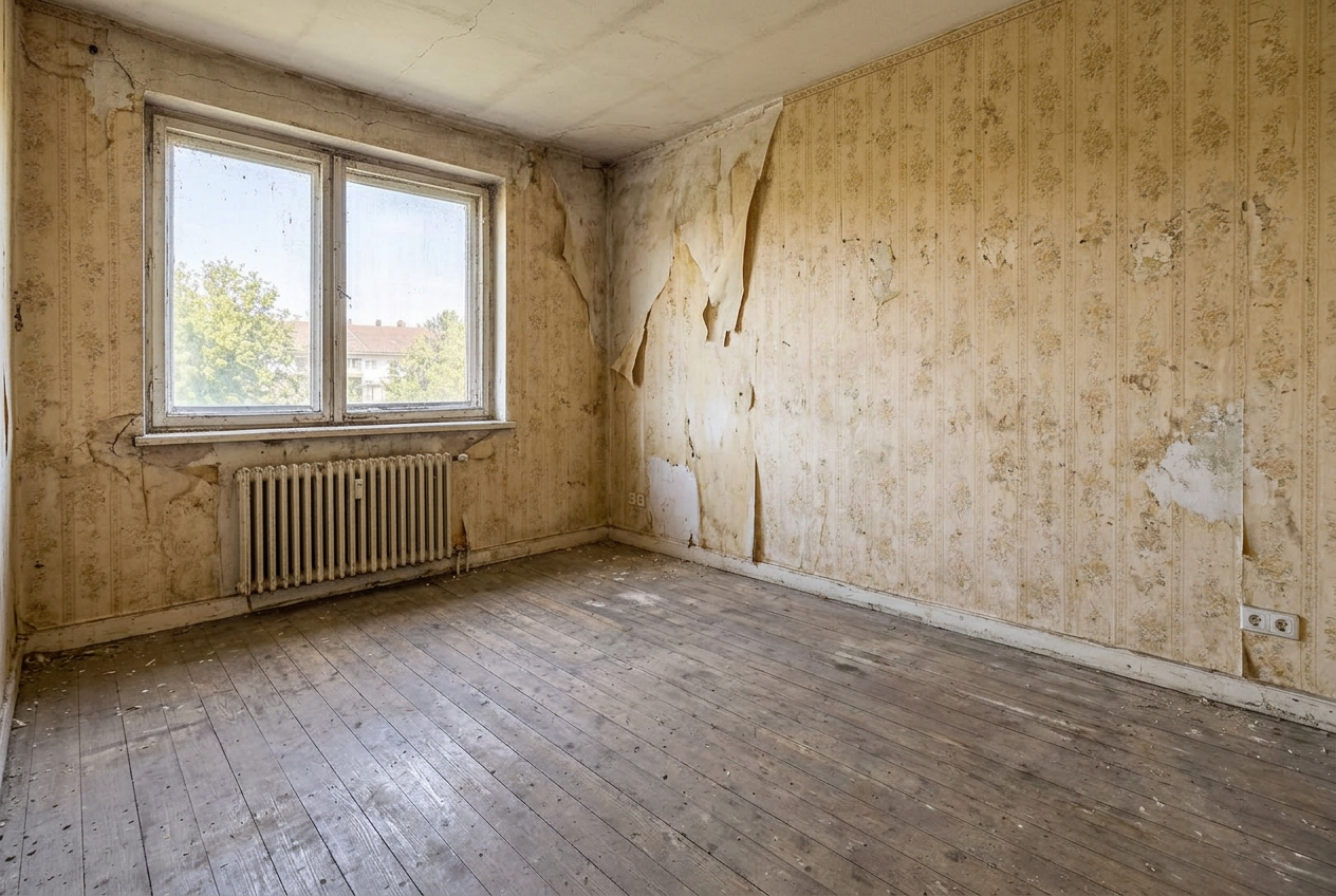 Zimmer vor der Renovierung mit alter, abgelöster Tapete