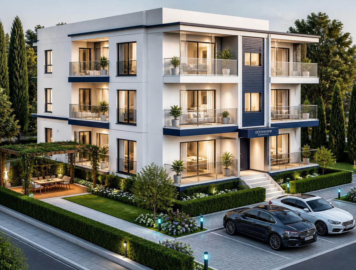 Modernes Mehrfamilienhaus mit gepflegten Außenanlagen als 3D-Visualisierung