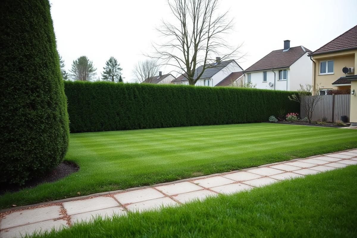 Gepflegte Rasenfläche und geschnittene Hecke einer Außenanlage