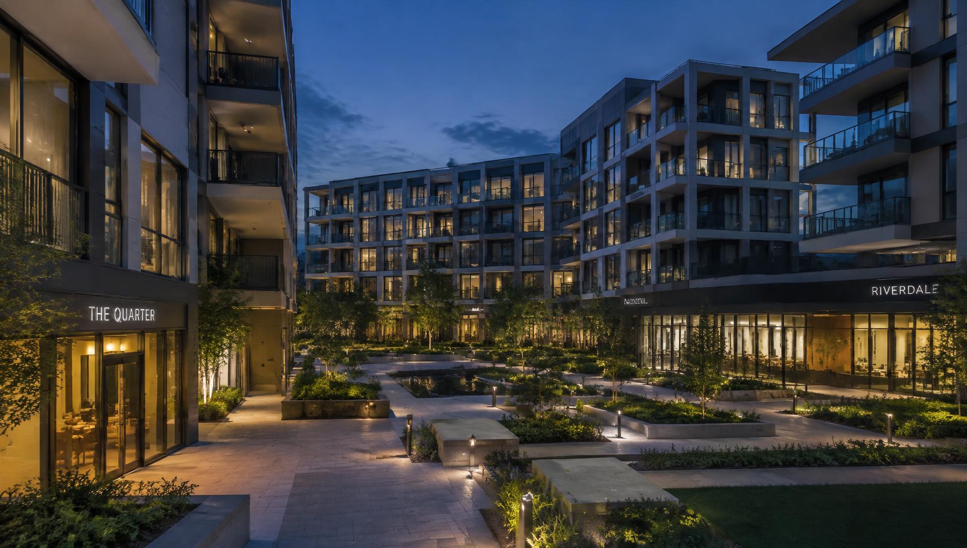 Modernes Wohn- und Gewerbequartier in der Abenddämmerung