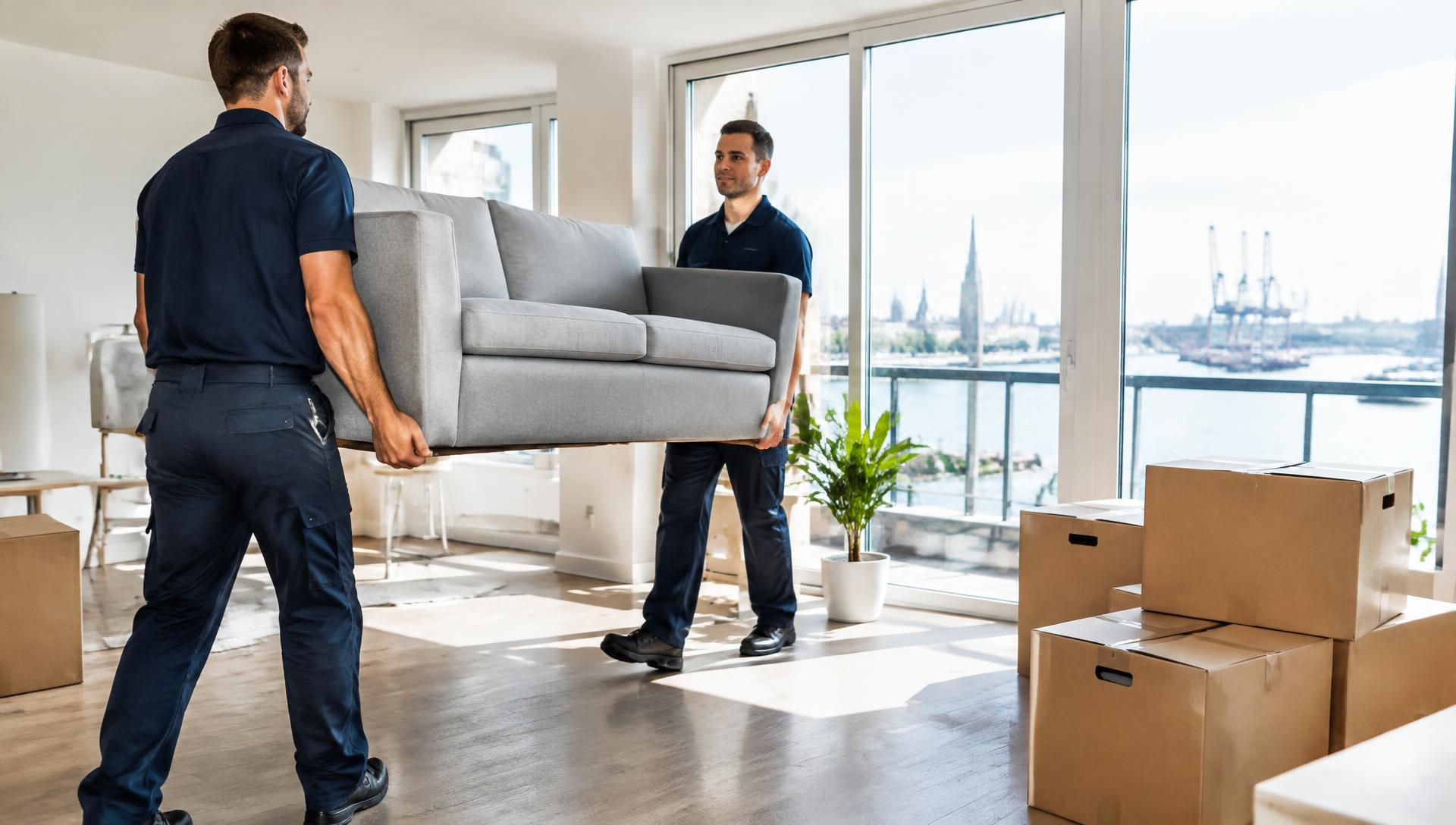 Zwei Umzugshelfer tragen ein Sofa in eine helle Wohnung mit Umzugskartons