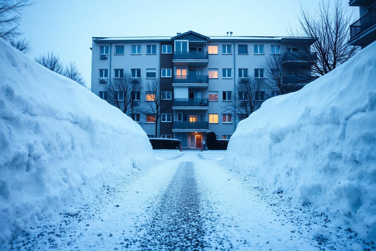 Geräumter und gestreuter Zugangsweg vor einem Wohngebäude im Winter
